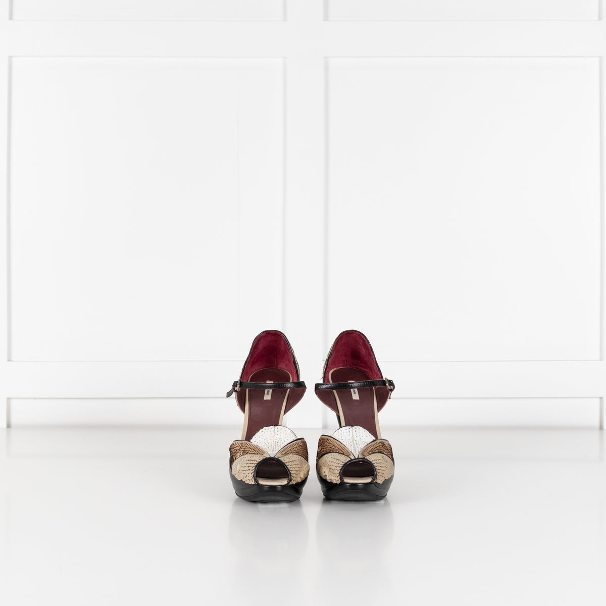 Miu Miu Black Leather Gold Sequinned Platform Sculptured Heel Shoes