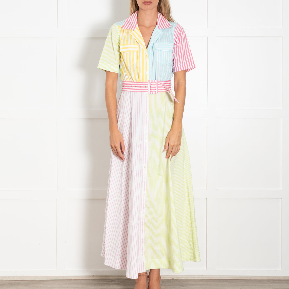 Staud Multi Stripe Belted Short Sleeved Shirt Dress