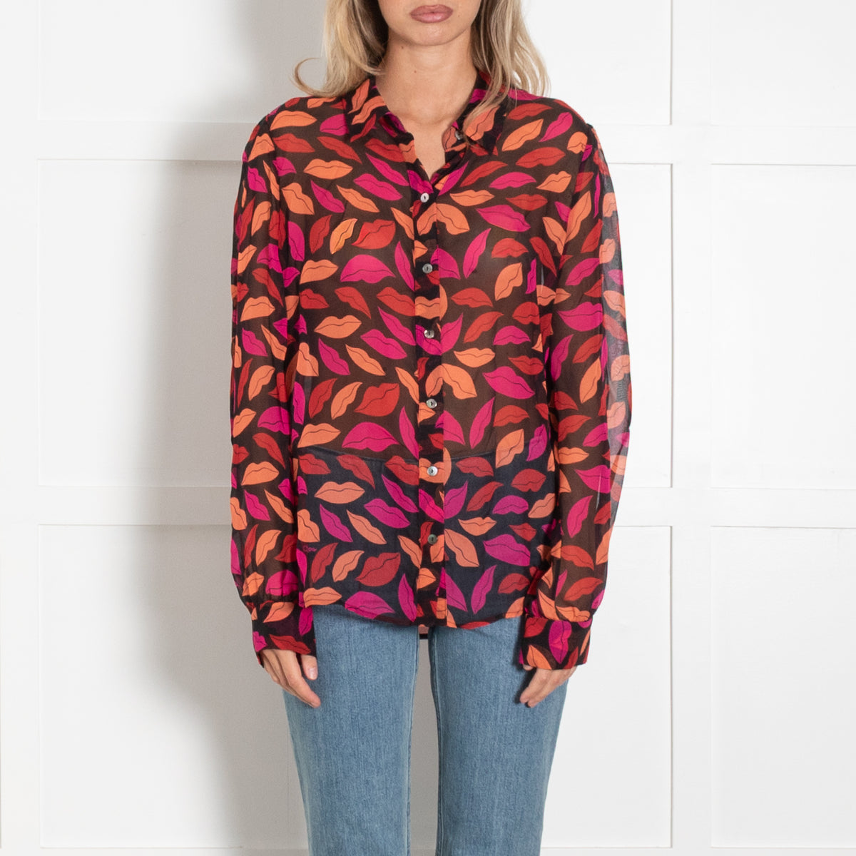 Diane Von Furstenberg  Black Pink Orange Lips Print Silk Blouse