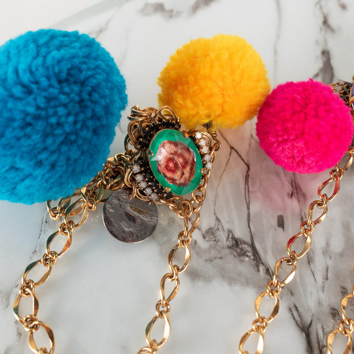 Vicki Sarge Gold Multicolour Pom Pom  Glass Jewells Chain Long Necklace