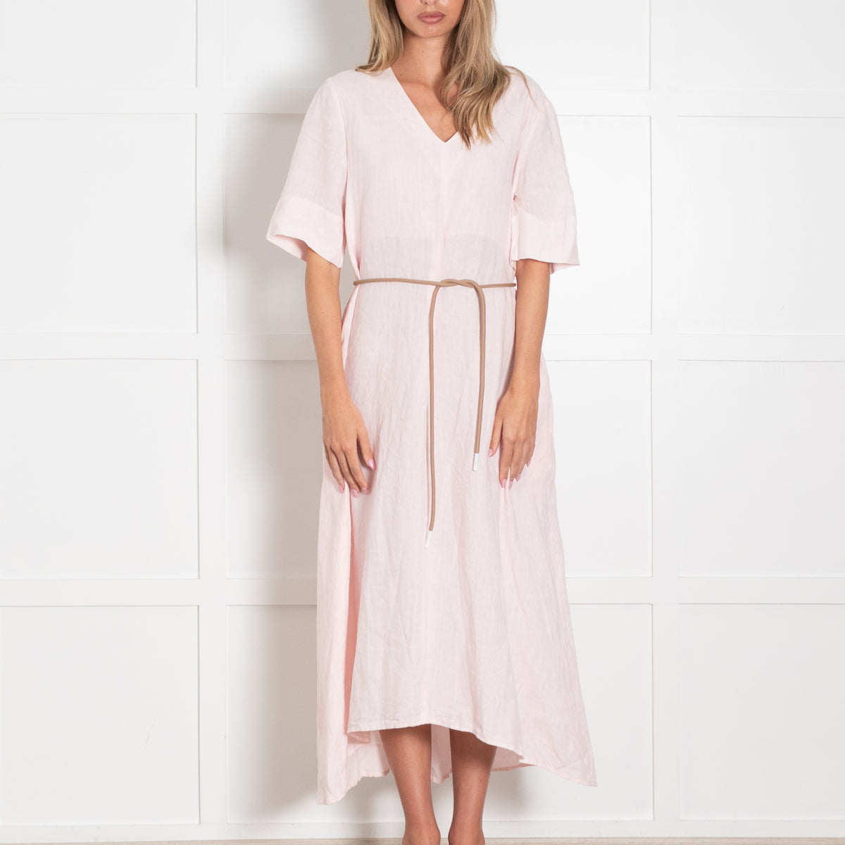 Peserico Pale Pink Linen Short Sleeve Belted Dress