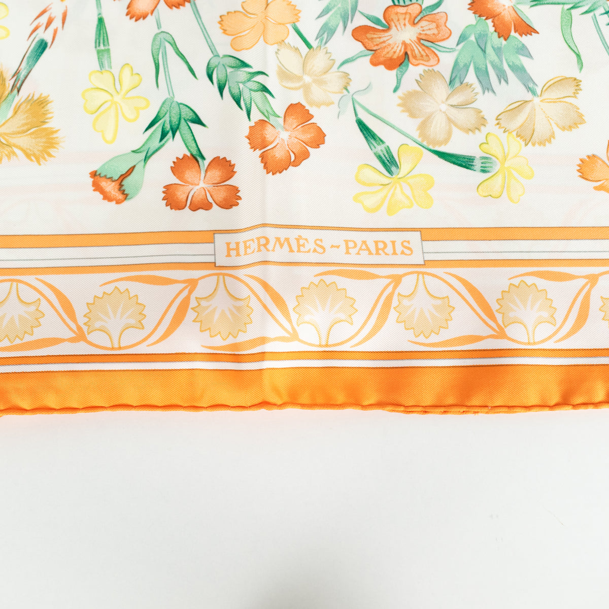 Hermes Cream Orange Oeillets Sauvages Et Autres Caryophyllees Silk Scarf