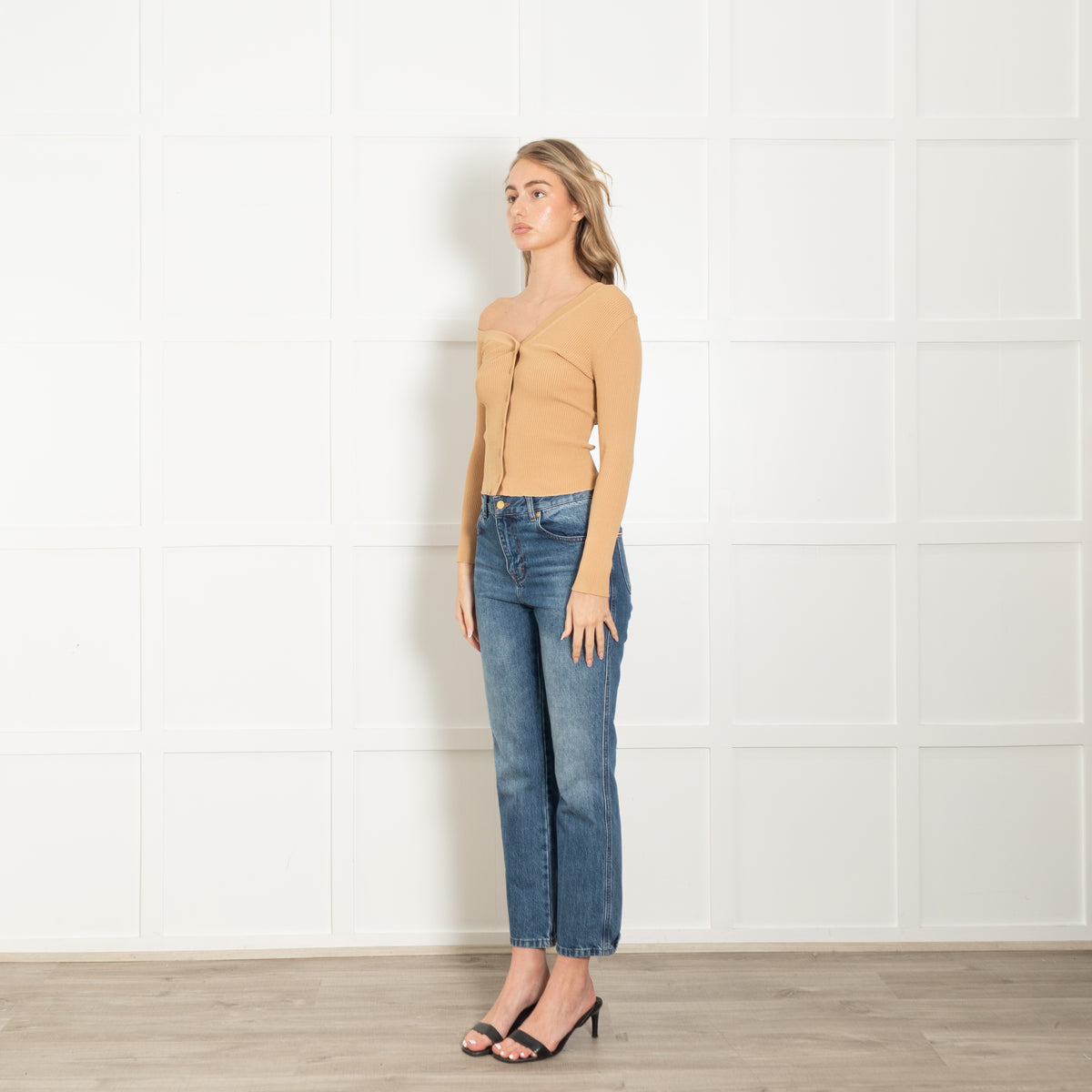 Staud Caramel Ribbed Off The Shoulder Cardigan