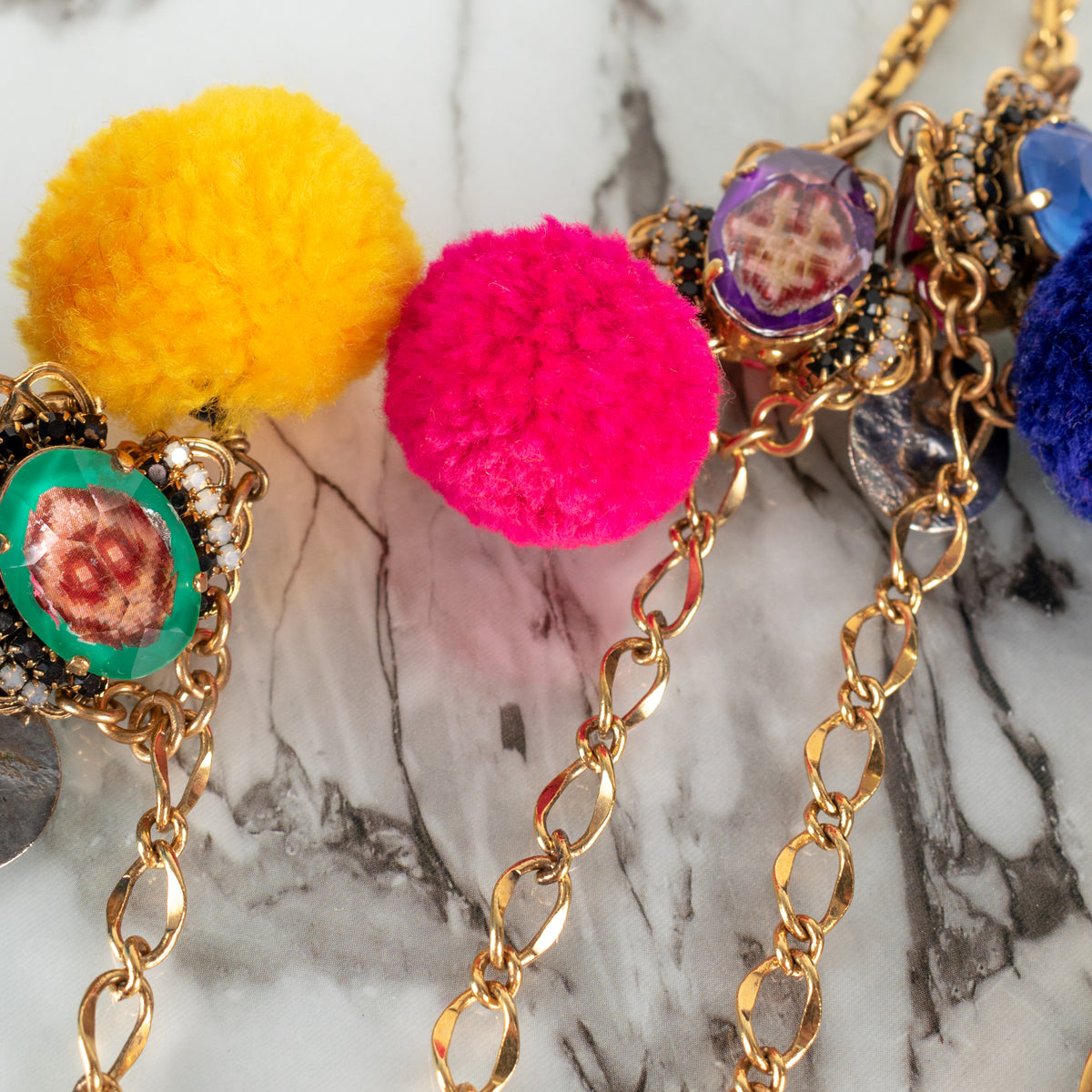 Vicki Sarge Gold Multicolour Pom Pom  Glass Jewells Chain Long Necklace
