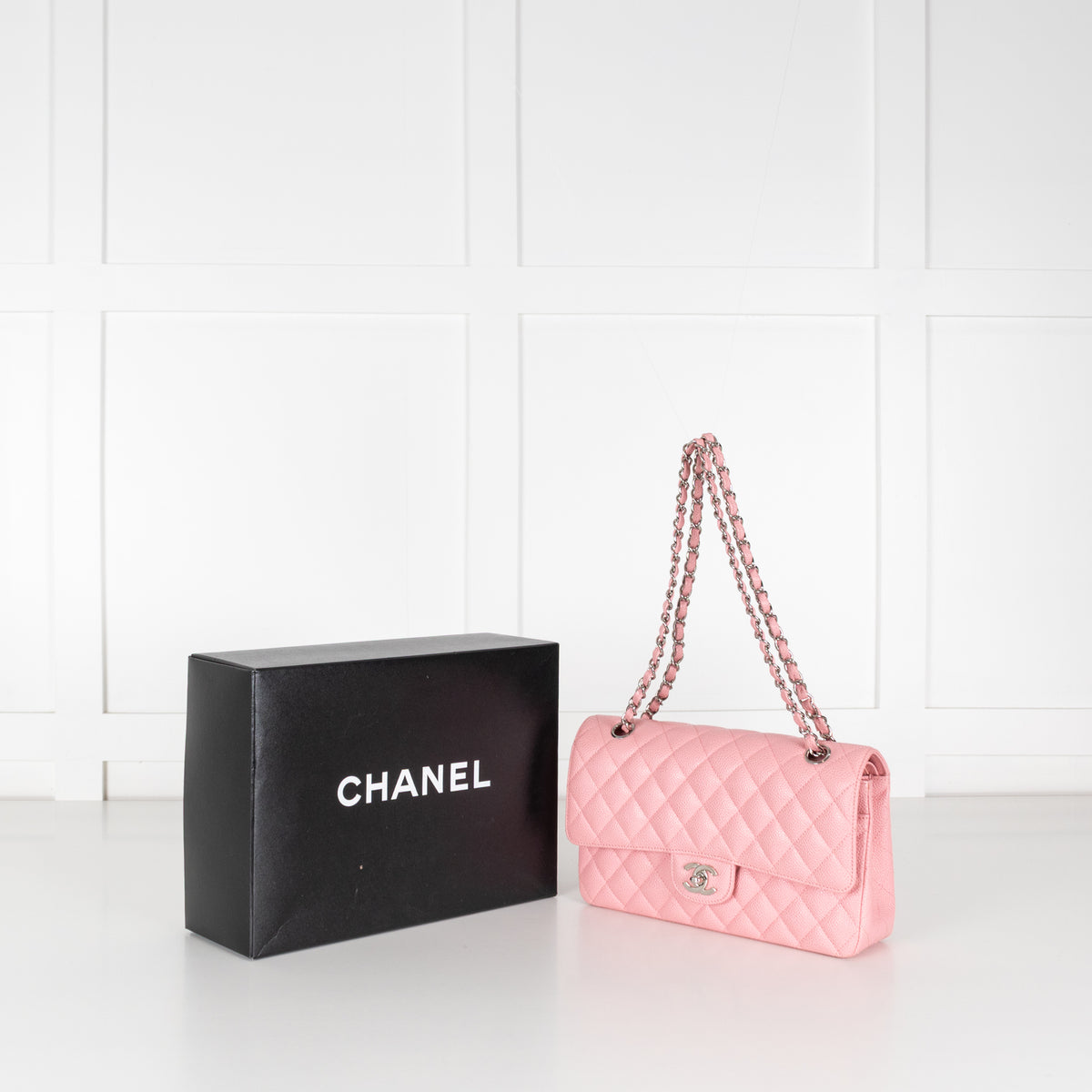 Chanel Pink Caviar Medium Flap Bag with Silver Hardwear