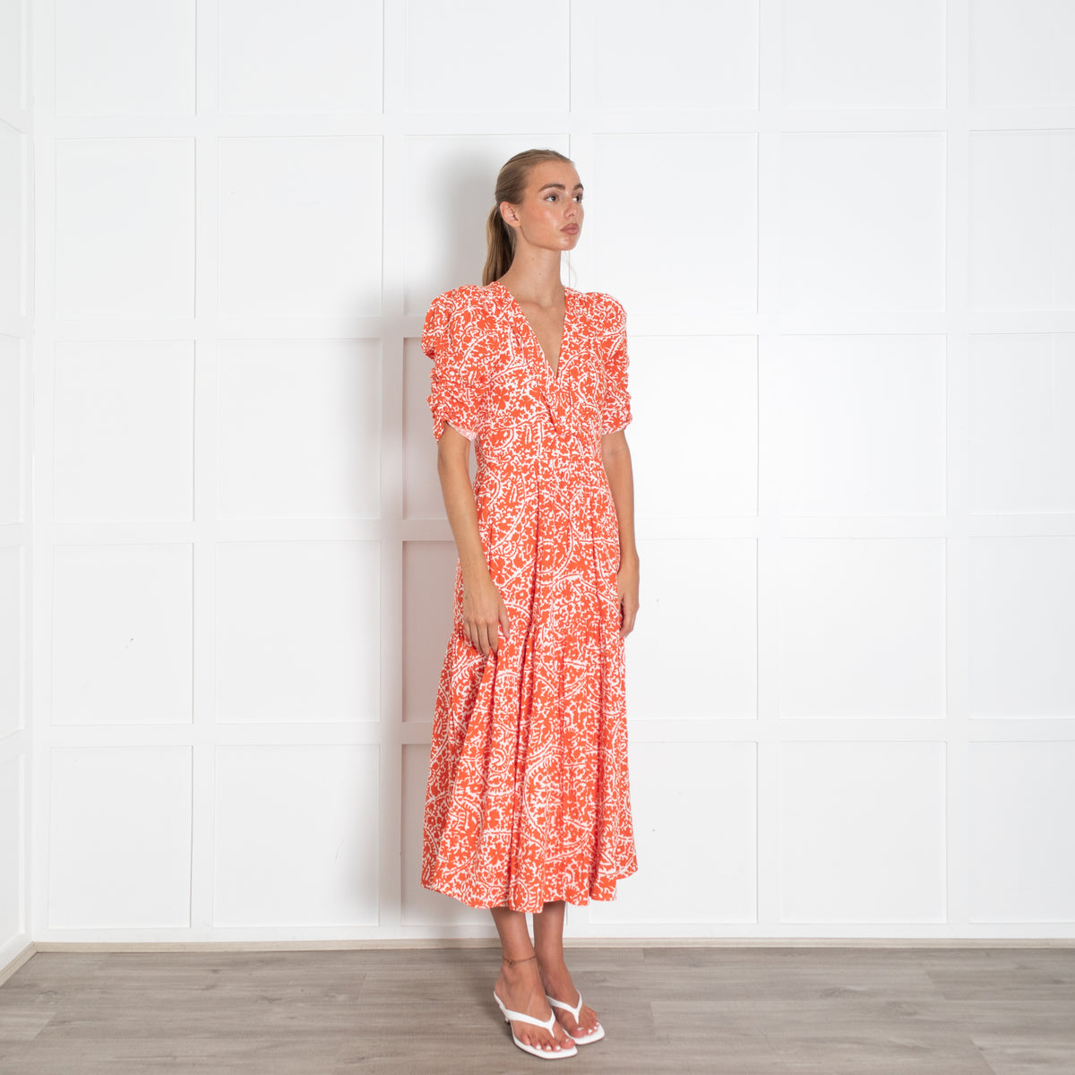 Me + Em White Orange Floral Cotton Short Sleeve V-Neck Dress