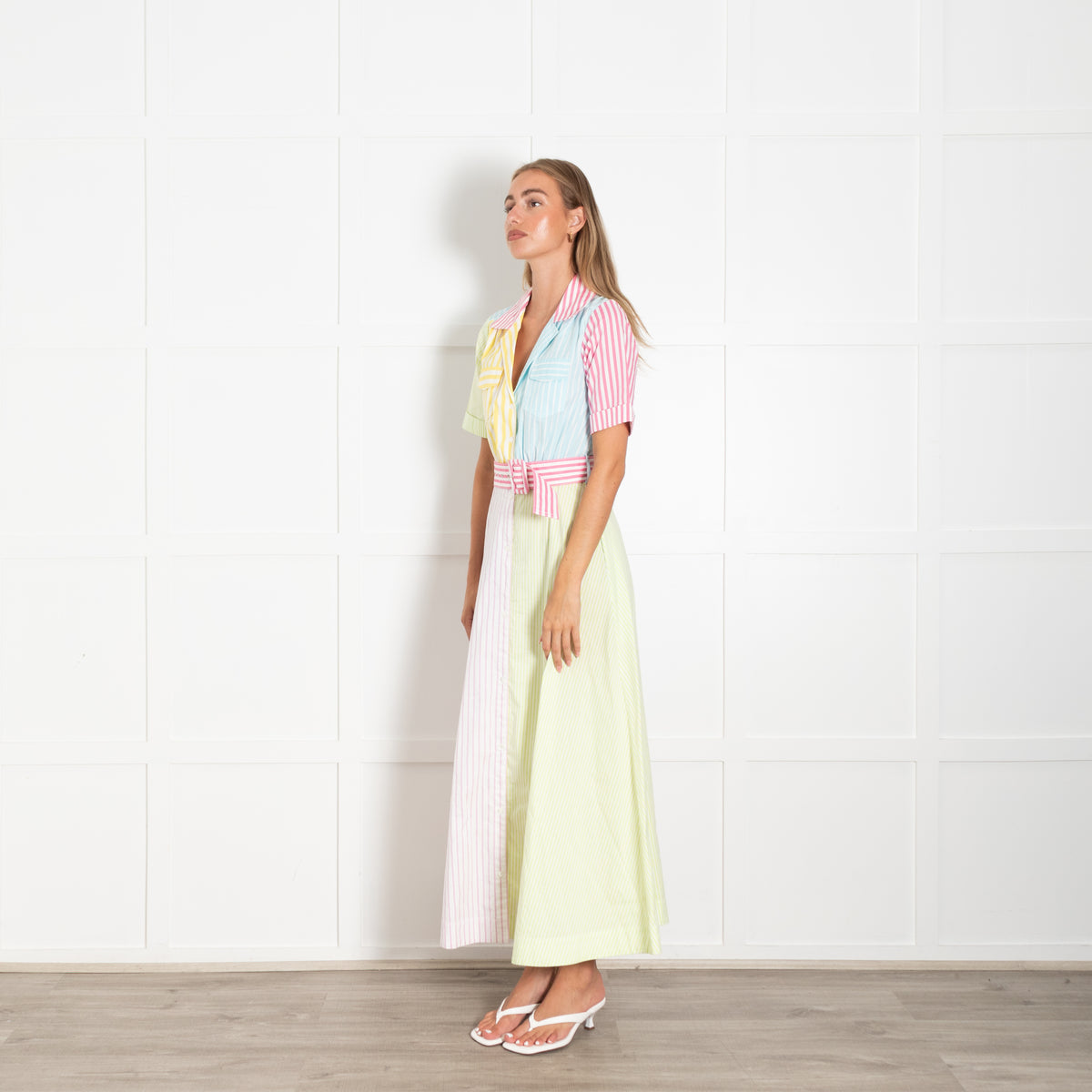 Staud Multi Stripe Belted Short Sleeved Shirt Dress