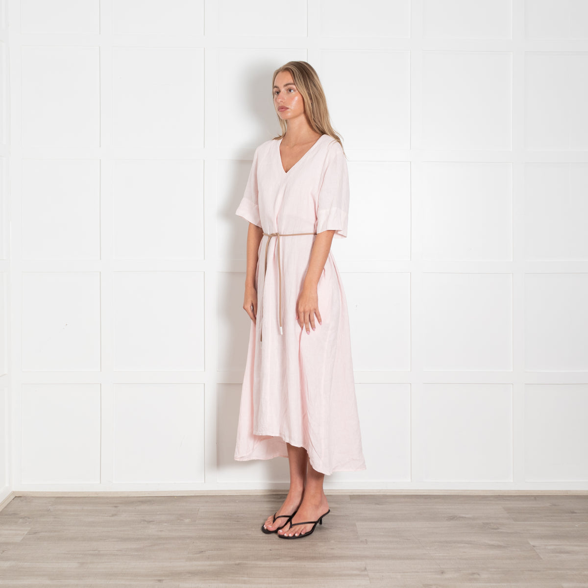 Peserico Pale Pink Linen Short Sleeve Belted Dress
