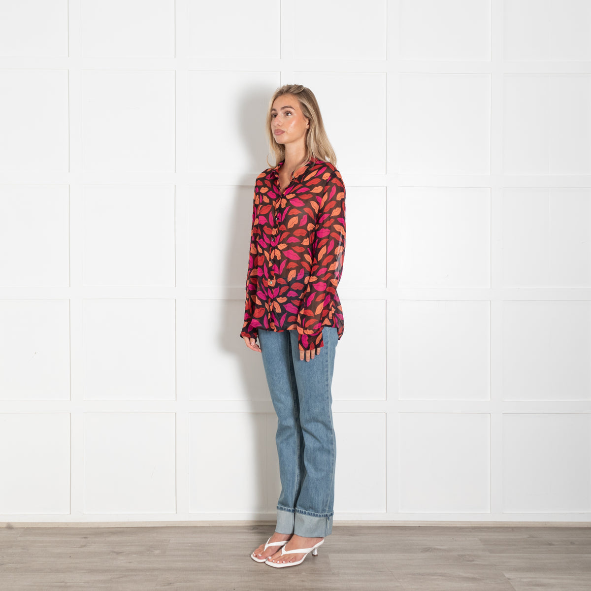 Diane Von Furstenberg  Black Pink Orange Lips Print Silk Blouse