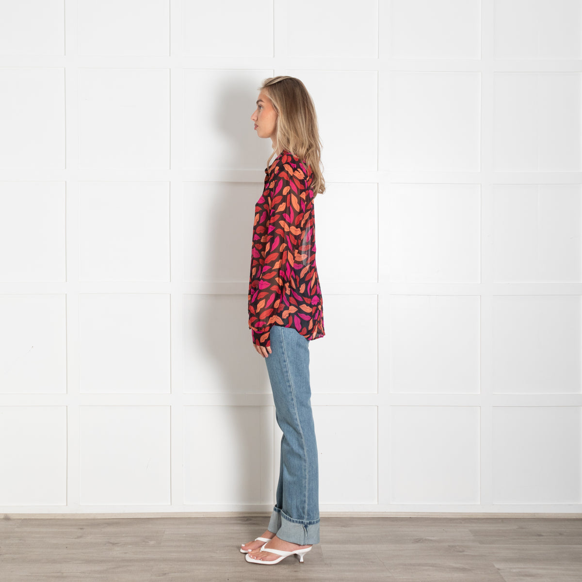 Diane Von Furstenberg  Black Pink Orange Lips Print Silk Blouse