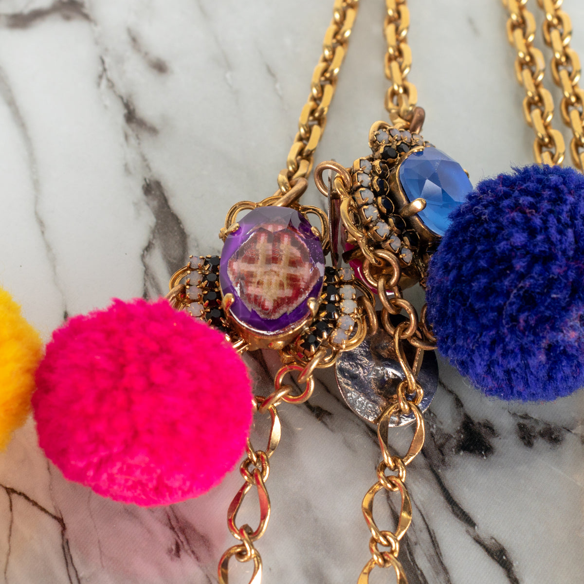 Vicki Sarge Gold Multicolour Pom Pom  Glass Jewells Chain Long Necklace