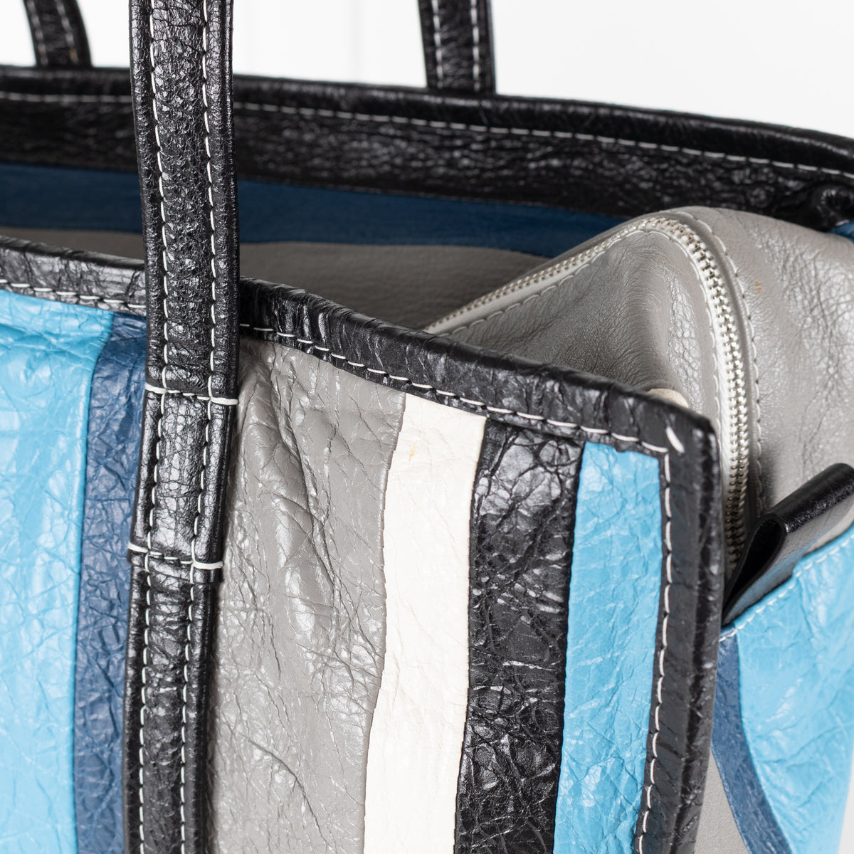 Balenciaga Blue White Grey Stripe Bazar Large Tote