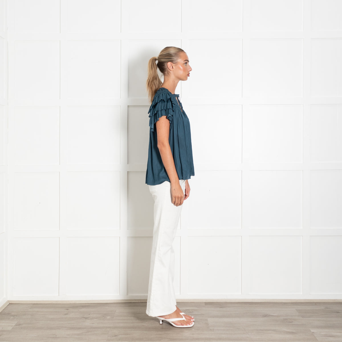 Ulla Johnson Teal Smocked And Frilled Top