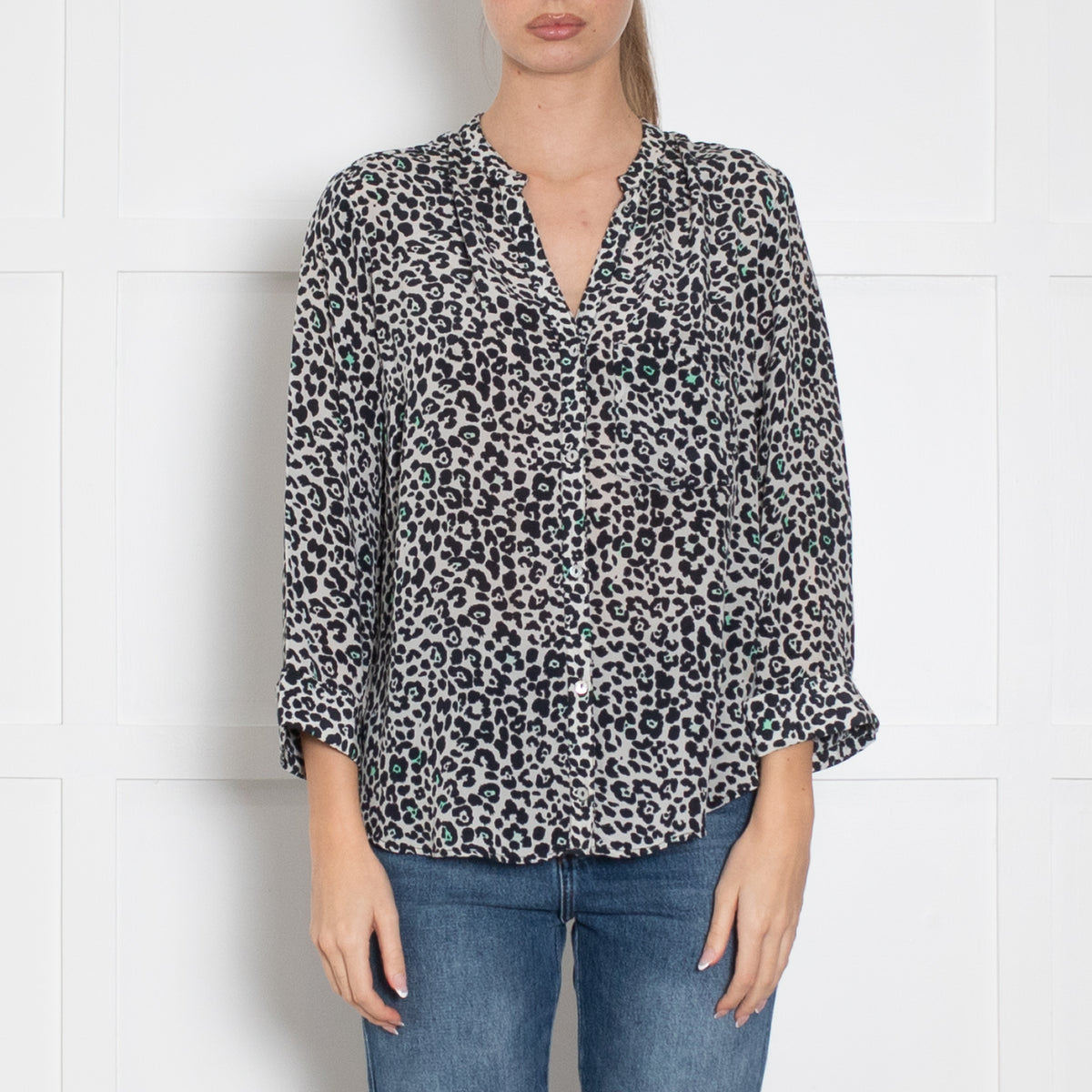 Pyrus White Black Animal Print Silk Blouse