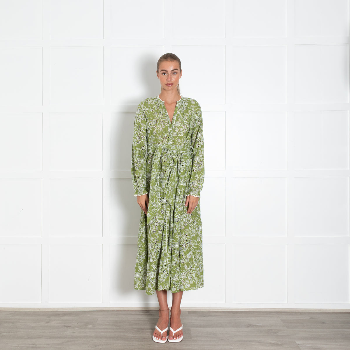 Me + Em Green White Broderie Anglaise Long Sleeve Dress with Belt