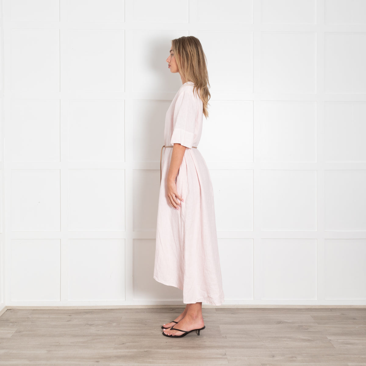 Peserico Pale Pink Linen Short Sleeve Belted Dress
