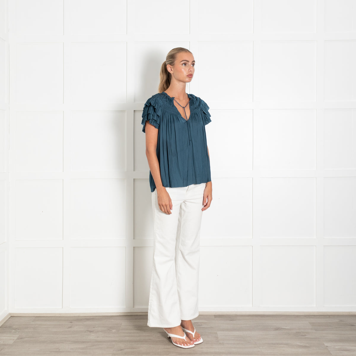 Ulla Johnson Teal Smocked And Frilled Top