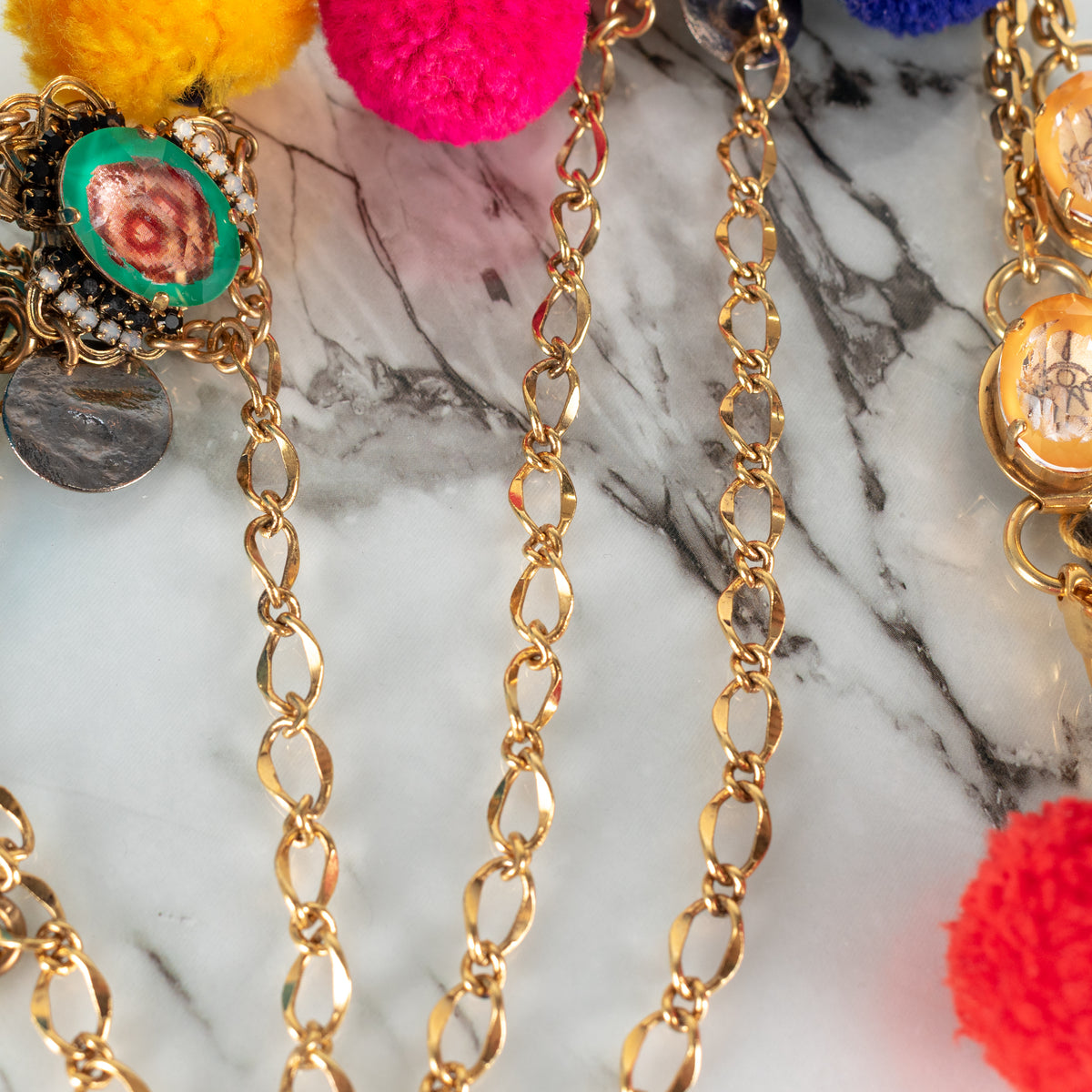 Vicki Sarge Gold Multicolour Pom Pom  Glass Jewells Chain Long Necklace