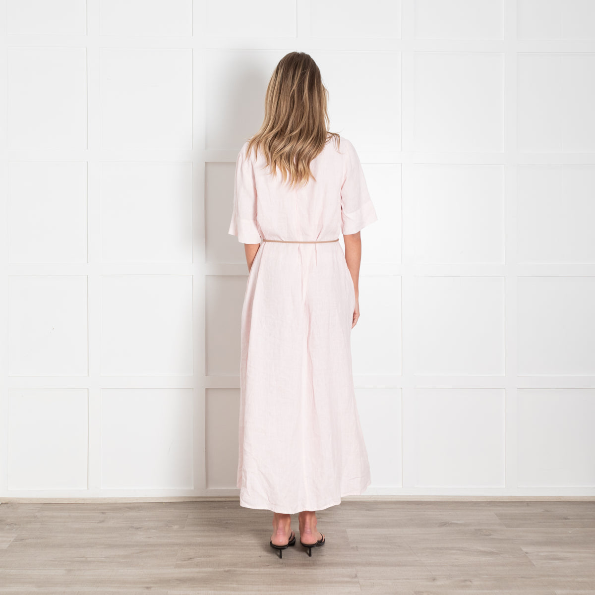 Peserico Pale Pink Linen Short Sleeve Belted Dress