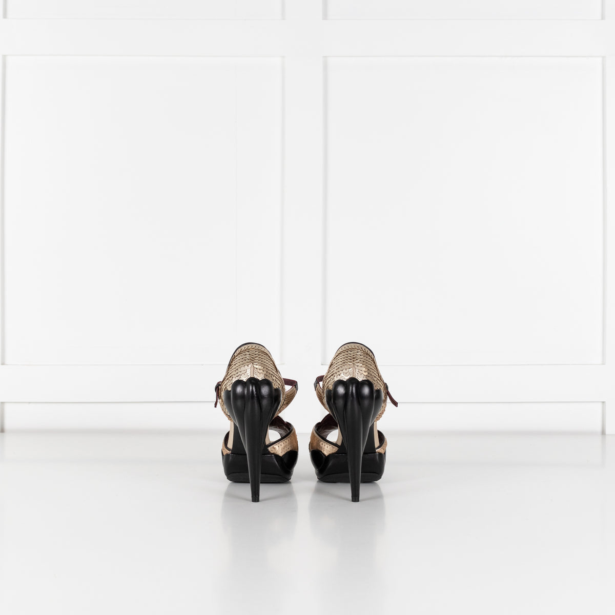 Miu Miu Black Leather Gold Sequinned Platform Sculptured Heel Shoes