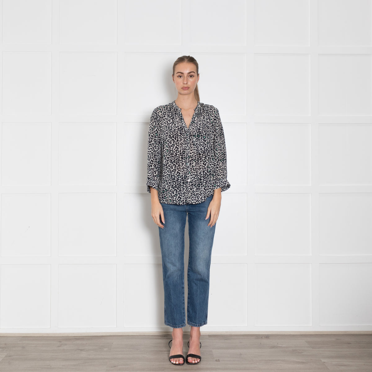 Pyrus White Black Animal Print Silk Blouse