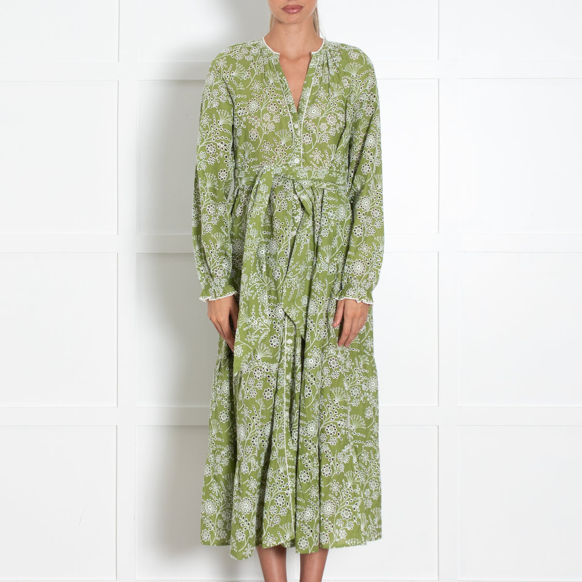 Me + Em Green White Broderie Anglaise Long Sleeve Dress with Belt