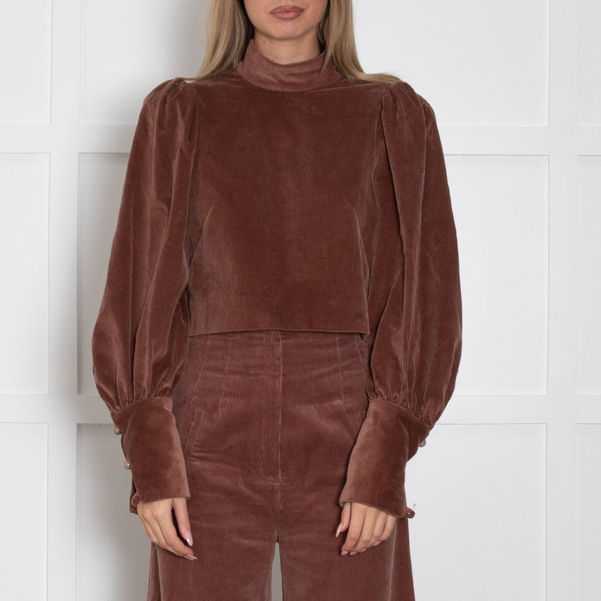 Anna Mason Brown Courdroy Top With Puffed Sleeves