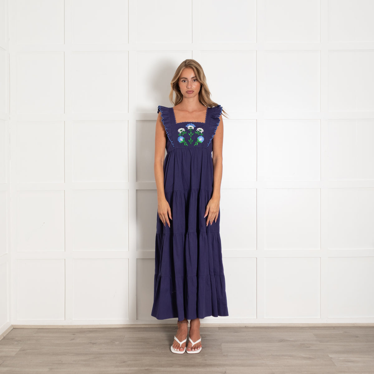 Lexy London Blue White Green Embroidery Frill Detail Sleeveless Cotton Maxi Dress