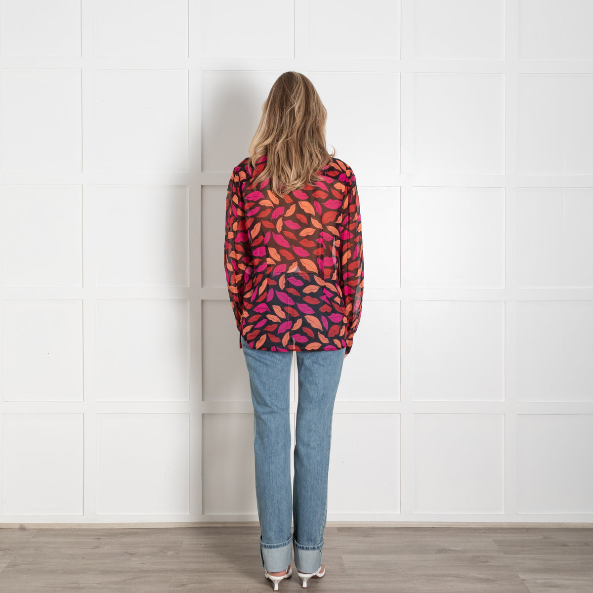Diane Von Furstenberg  Black Pink Orange Lips Print Silk Blouse