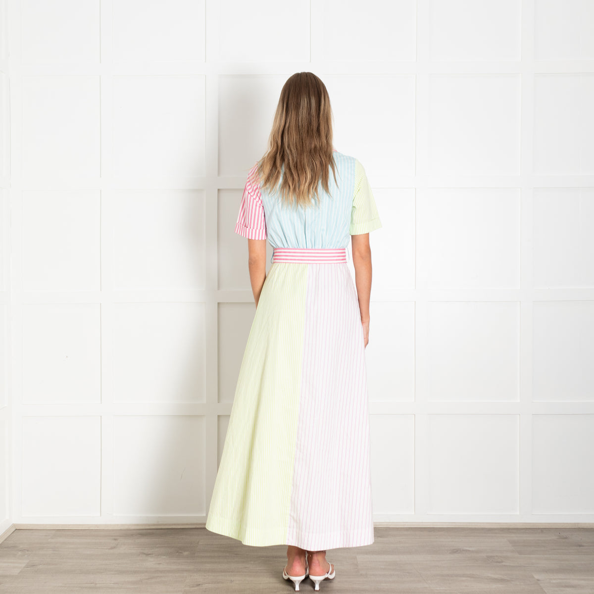 Staud Multi Stripe Belted Short Sleeved Shirt Dress