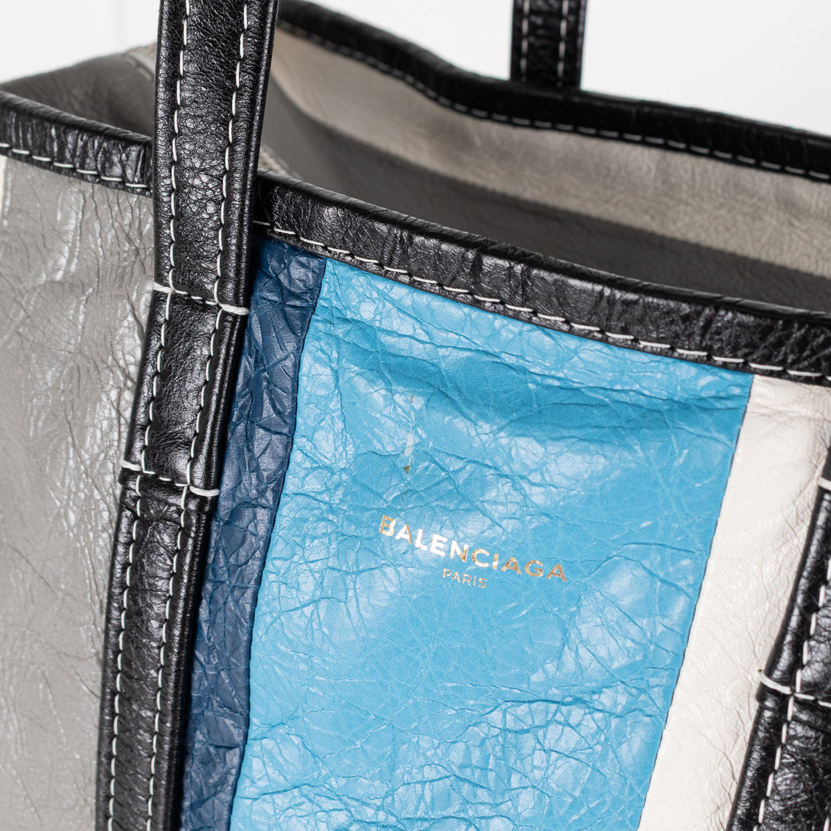 Balenciaga Blue White Grey Stripe Bazar Large Tote