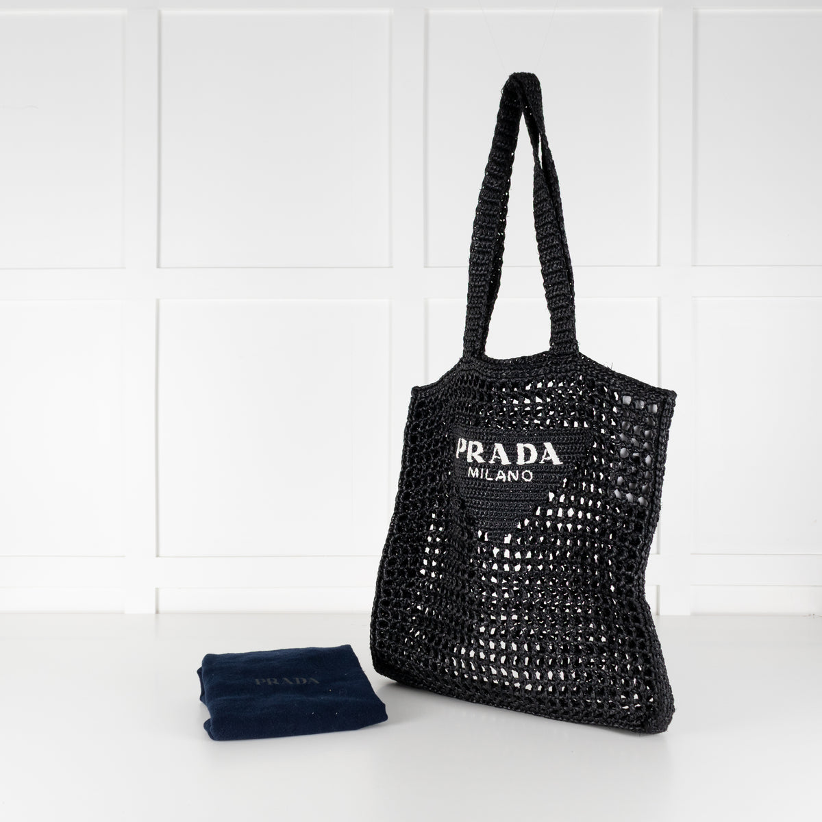 Prada Black White Logo Embellished Crochet Bag