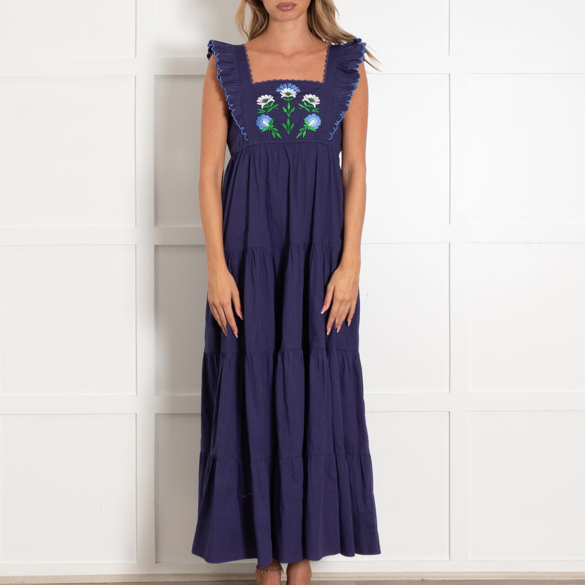 Lexy London Blue White Green Embroidery Frill Detail Sleeveless Cotton Maxi Dress