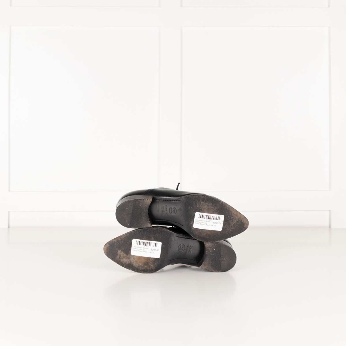 Chanel Black Glossy Leather Lace Up Pointy Shoes