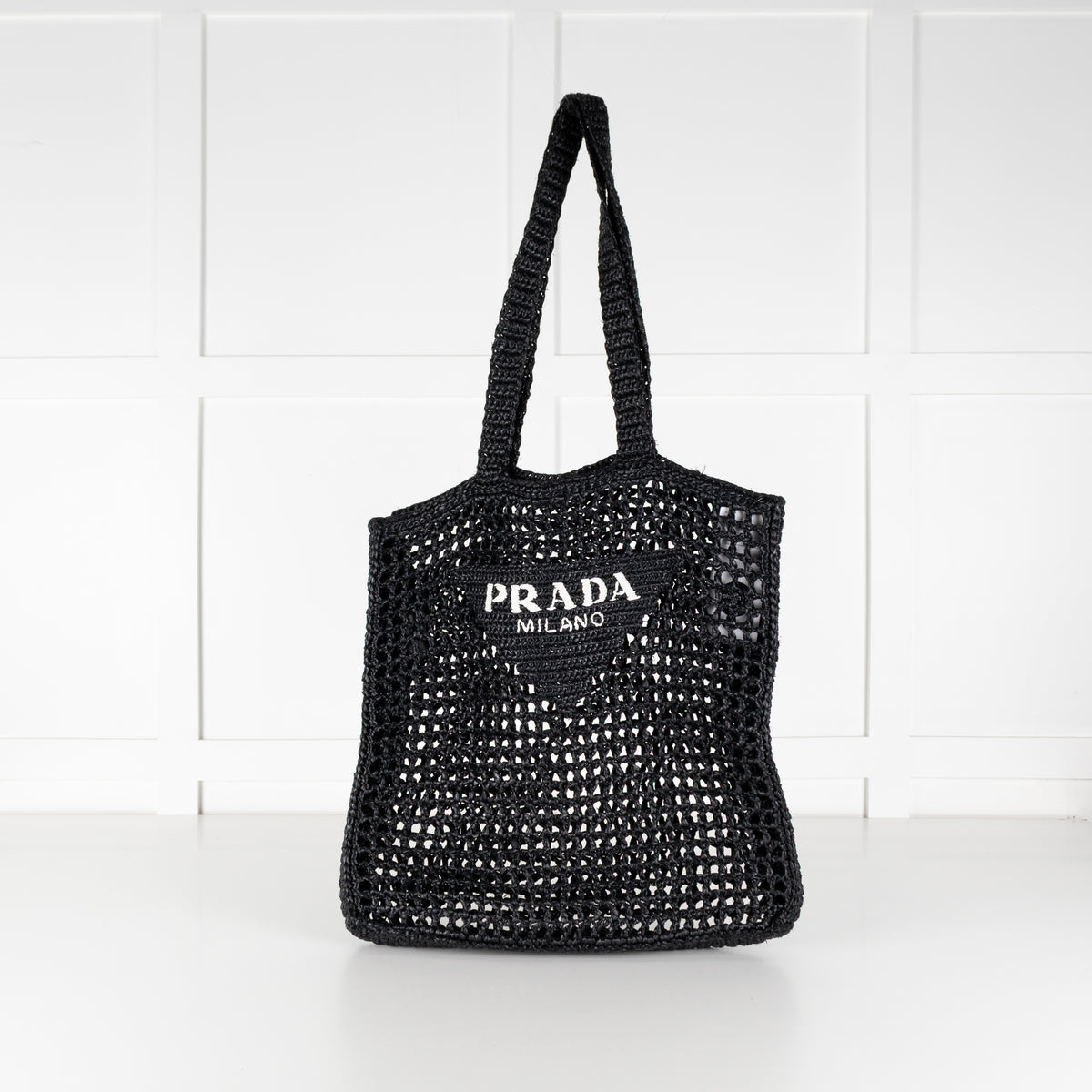 Prada Black White Logo Embellished Crochet Bag