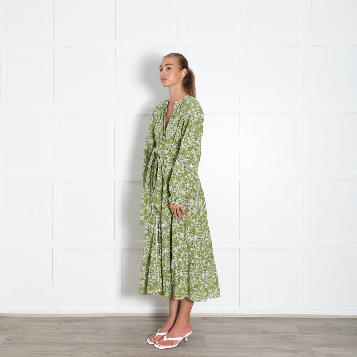 Me + Em Green White Broderie Anglaise Long Sleeve Dress with Belt