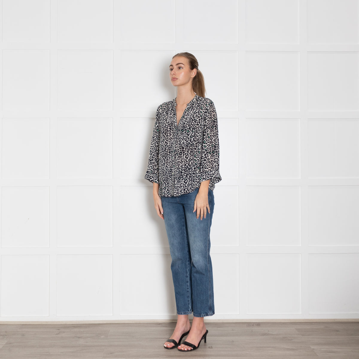 Pyrus White Black Animal Print Silk Blouse