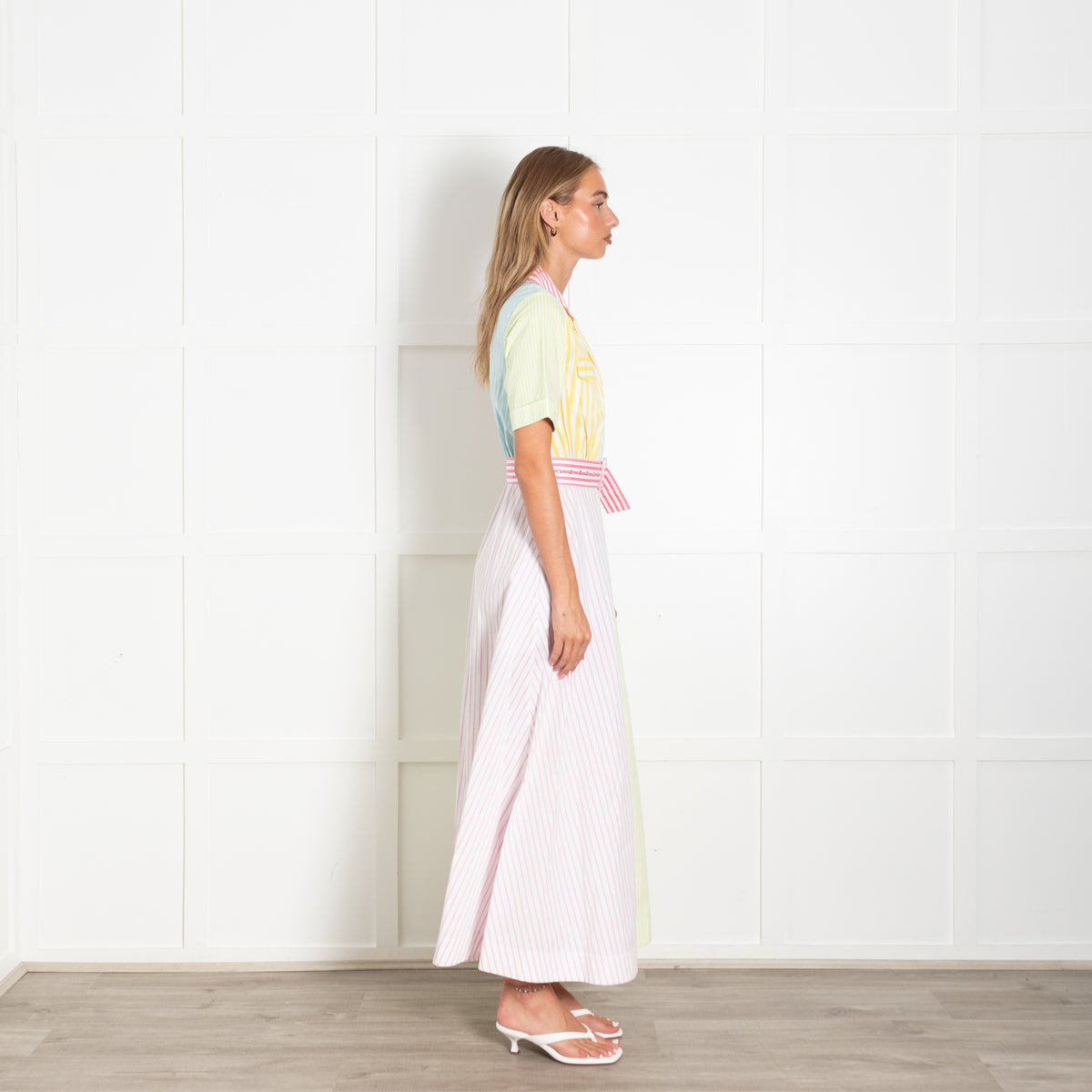 Staud Multi Stripe Belted Short Sleeved Shirt Dress