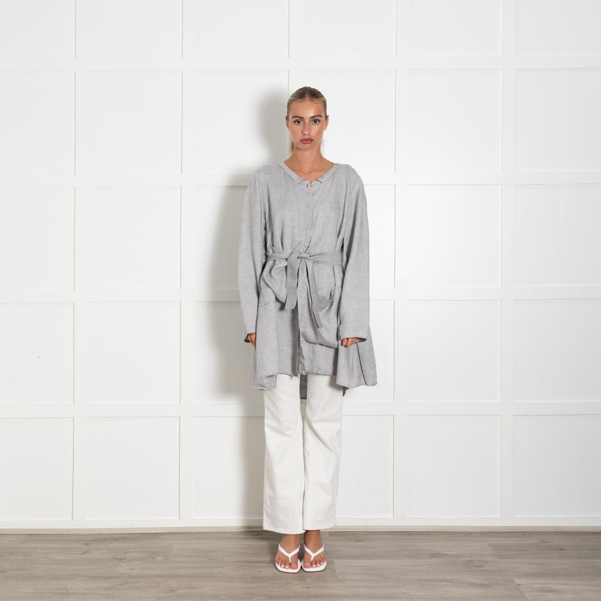 Barbara Lang Paris Grey Linen Oversized Pocket Detail Top