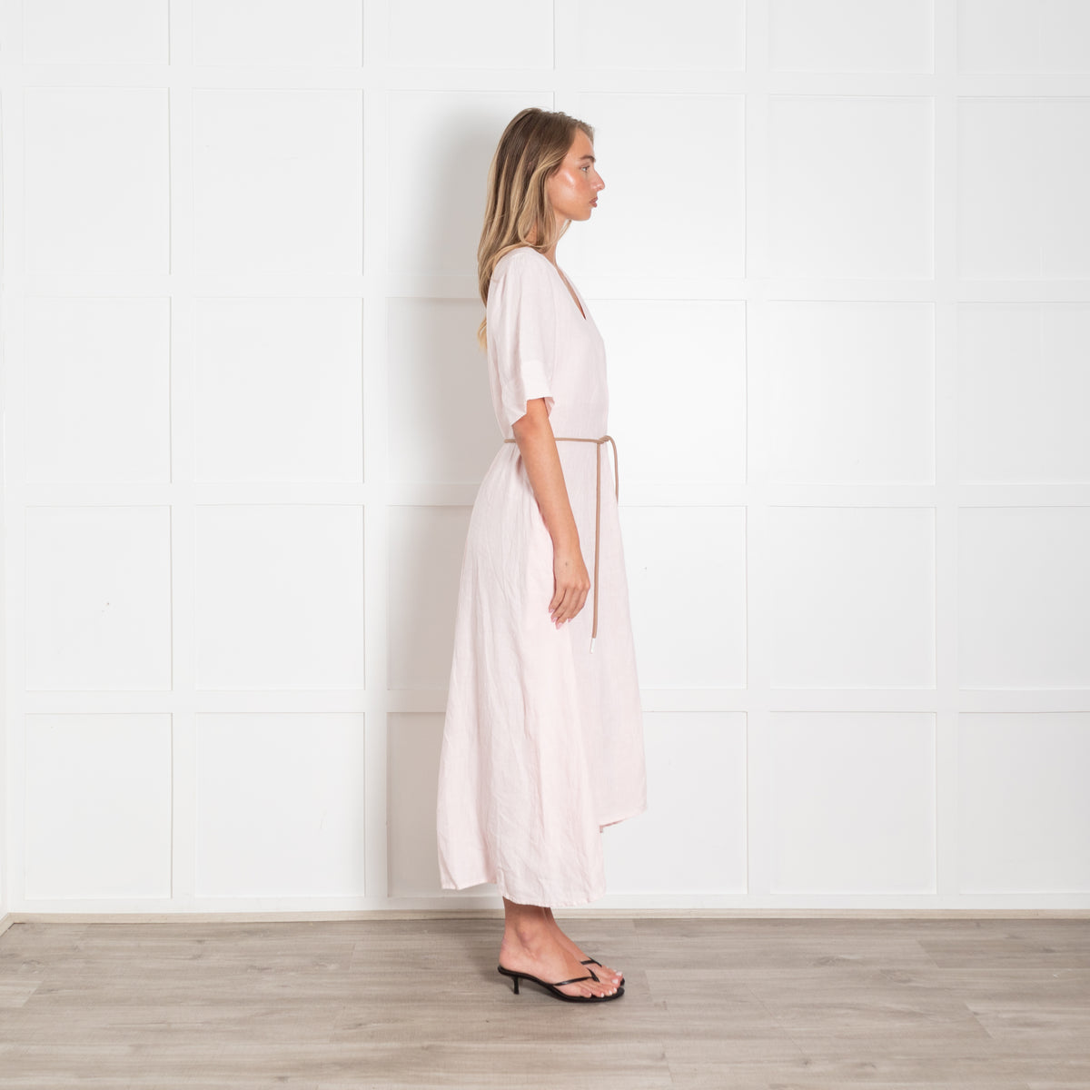 Peserico Pale Pink Linen Short Sleeve Belted Dress