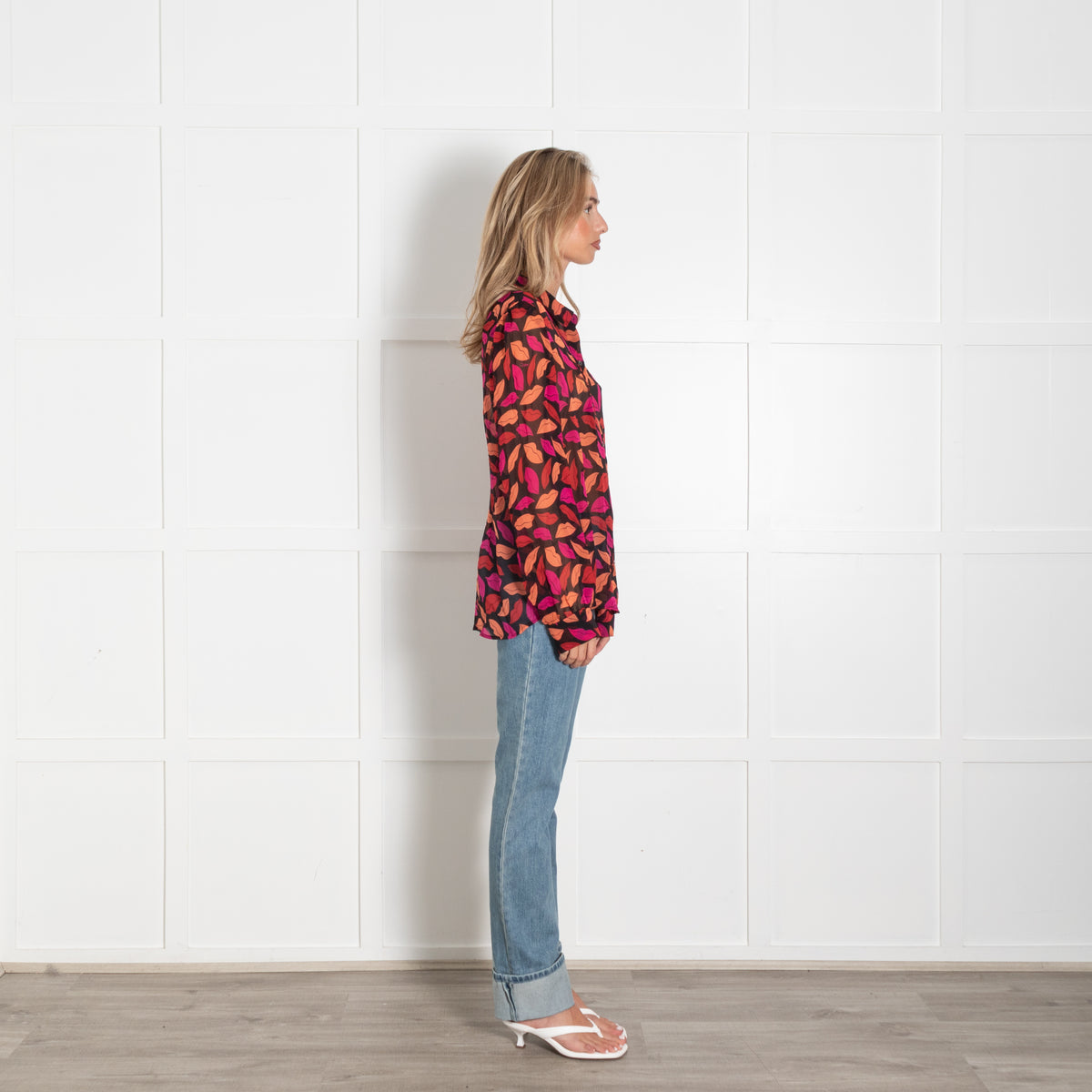 Diane Von Furstenberg  Black Pink Orange Lips Print Silk Blouse