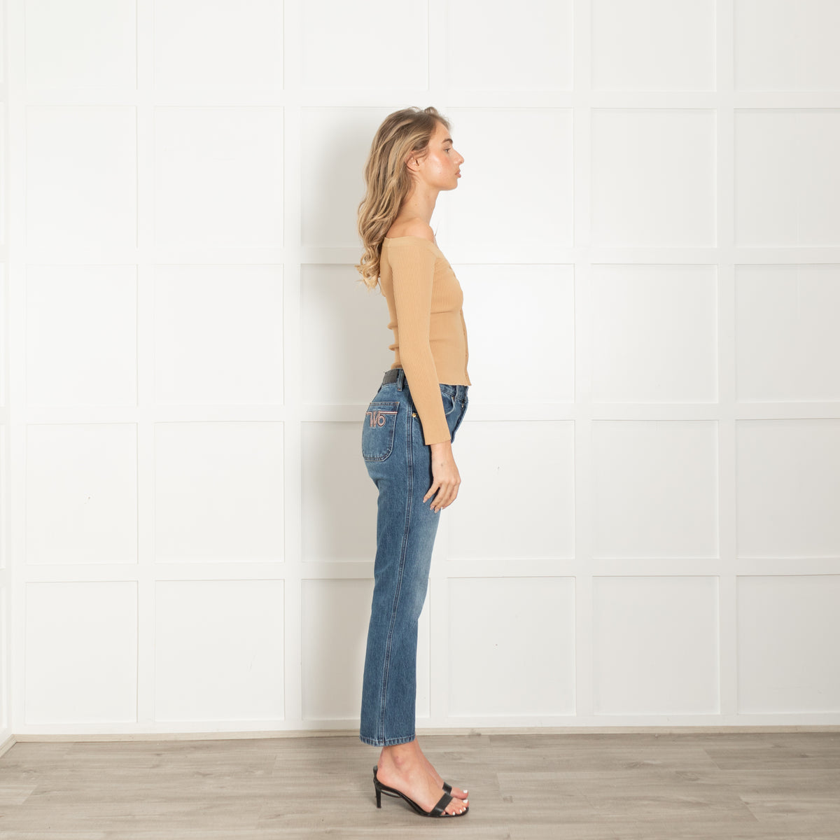 Staud Caramel Ribbed Off The Shoulder Cardigan