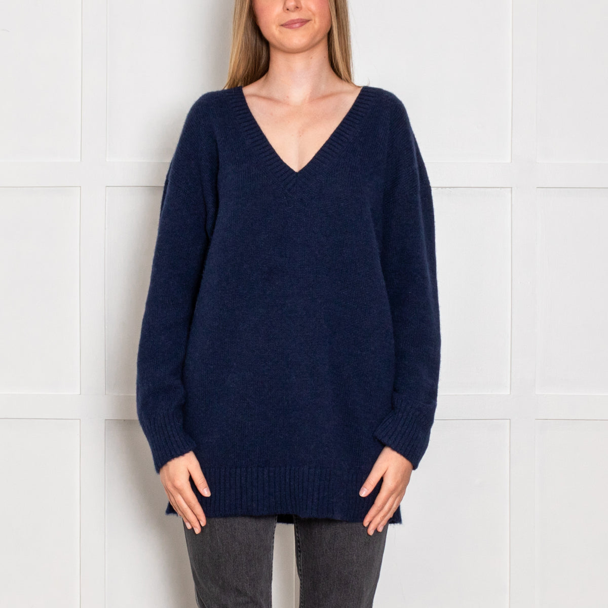 Prada Navy Blue V Neck Wool Blend Jumper