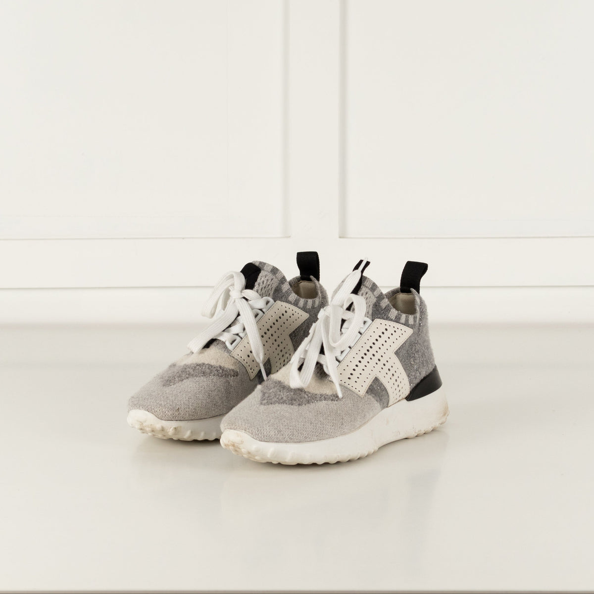 Tods Grey White Silver Lurex Knit Trainers