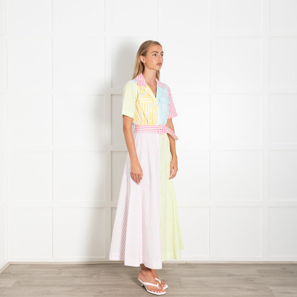 Staud Multi Stripe Belted Short Sleeved Shirt Dress