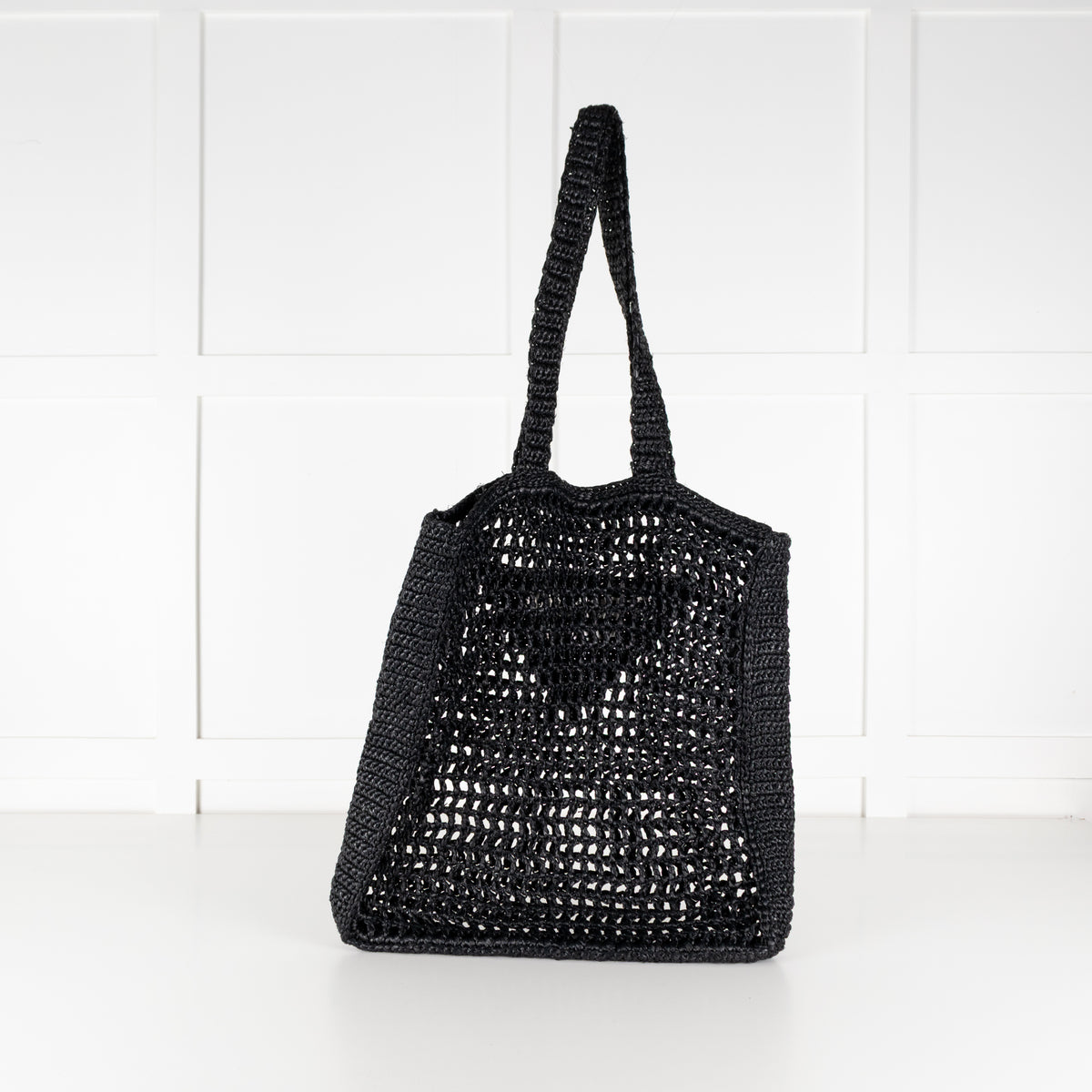 Prada Black White Logo Embellished Crochet Bag