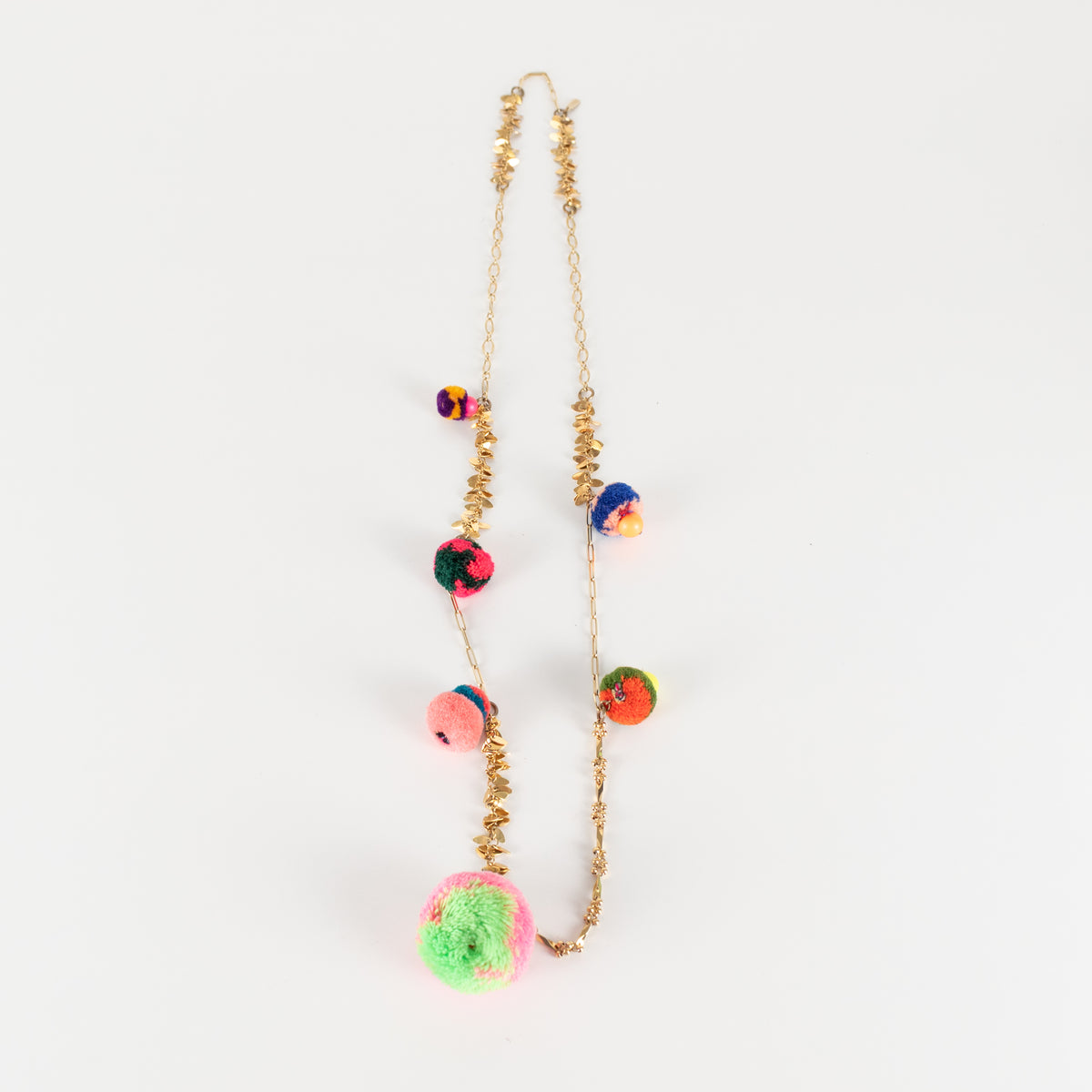 Vicki Sarge Gold Leaf Multicolour Pom Pom Long Chain Necklace