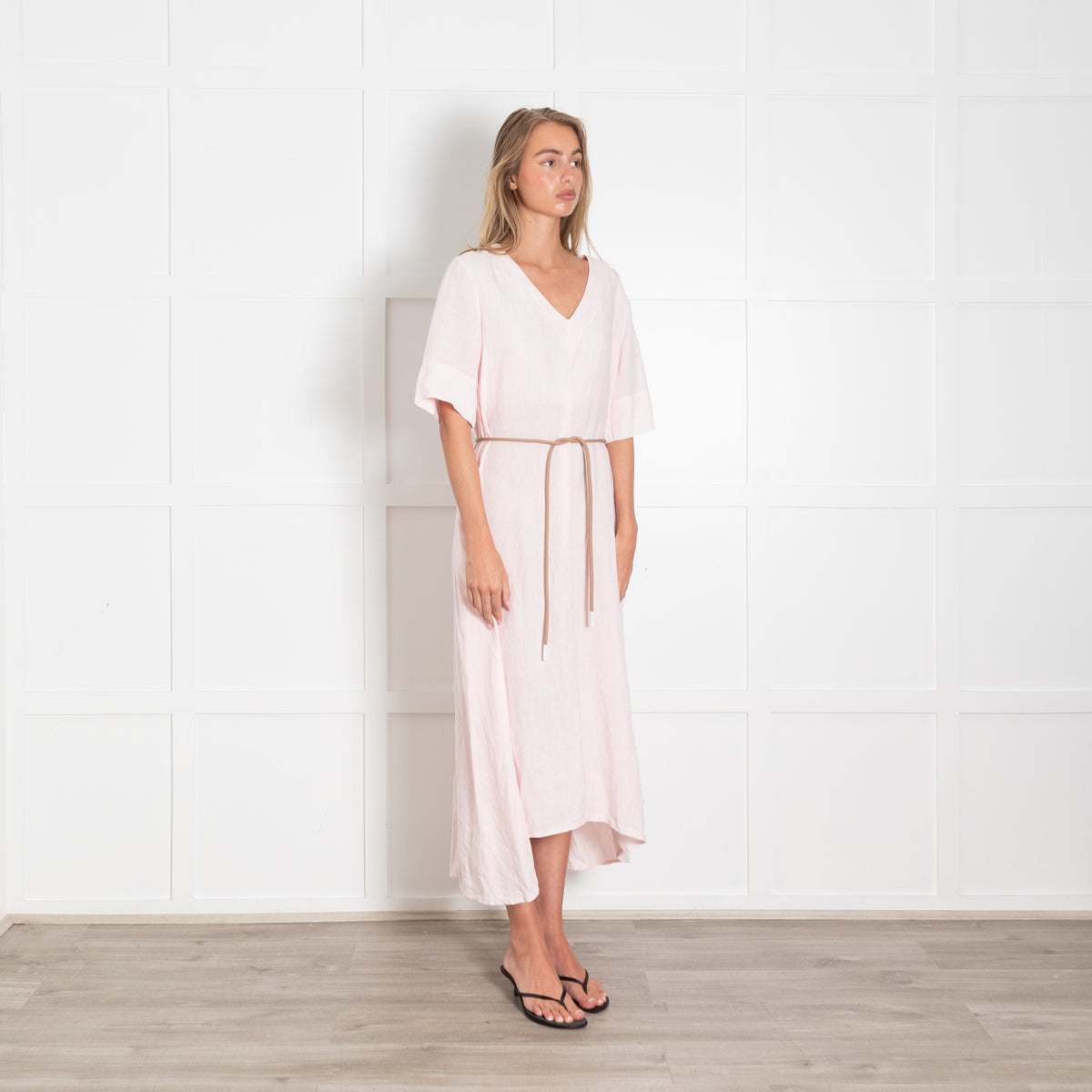 Peserico Pale Pink Linen Short Sleeve Belted Dress