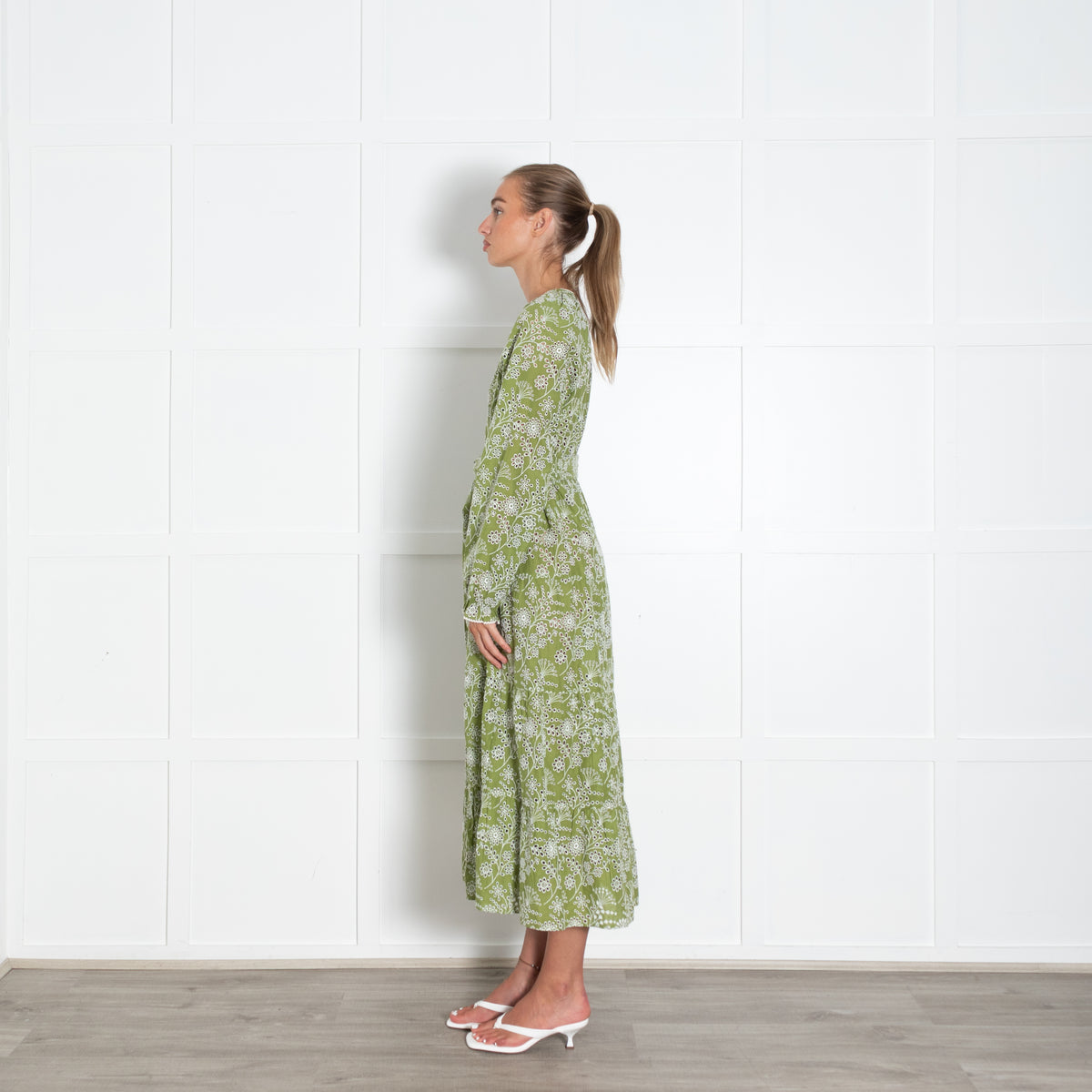 Me + Em Green White Broderie Anglaise Long Sleeve Dress with Belt