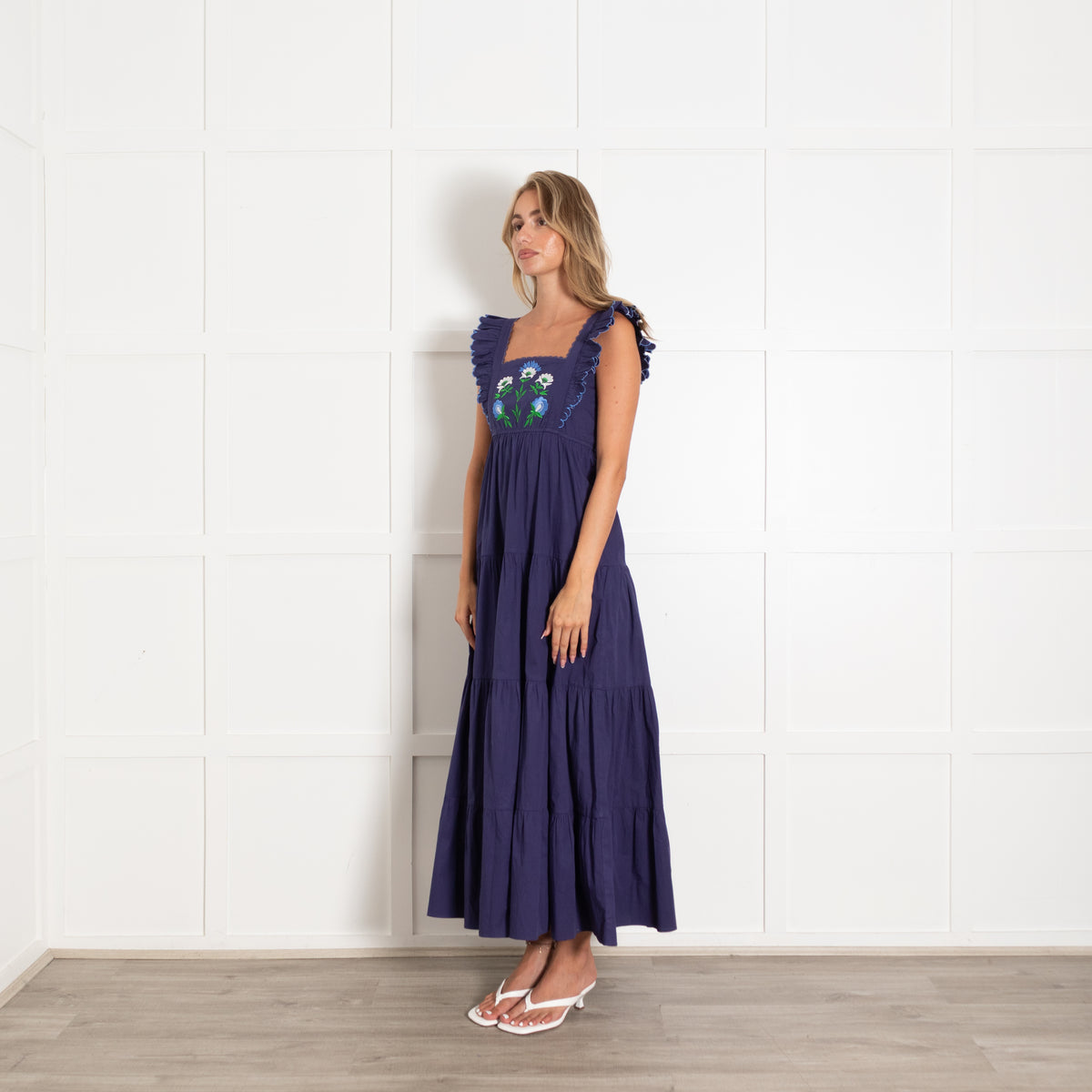 Lexy London Blue White Green Embroidery Frill Detail Sleeveless Cotton Maxi Dress